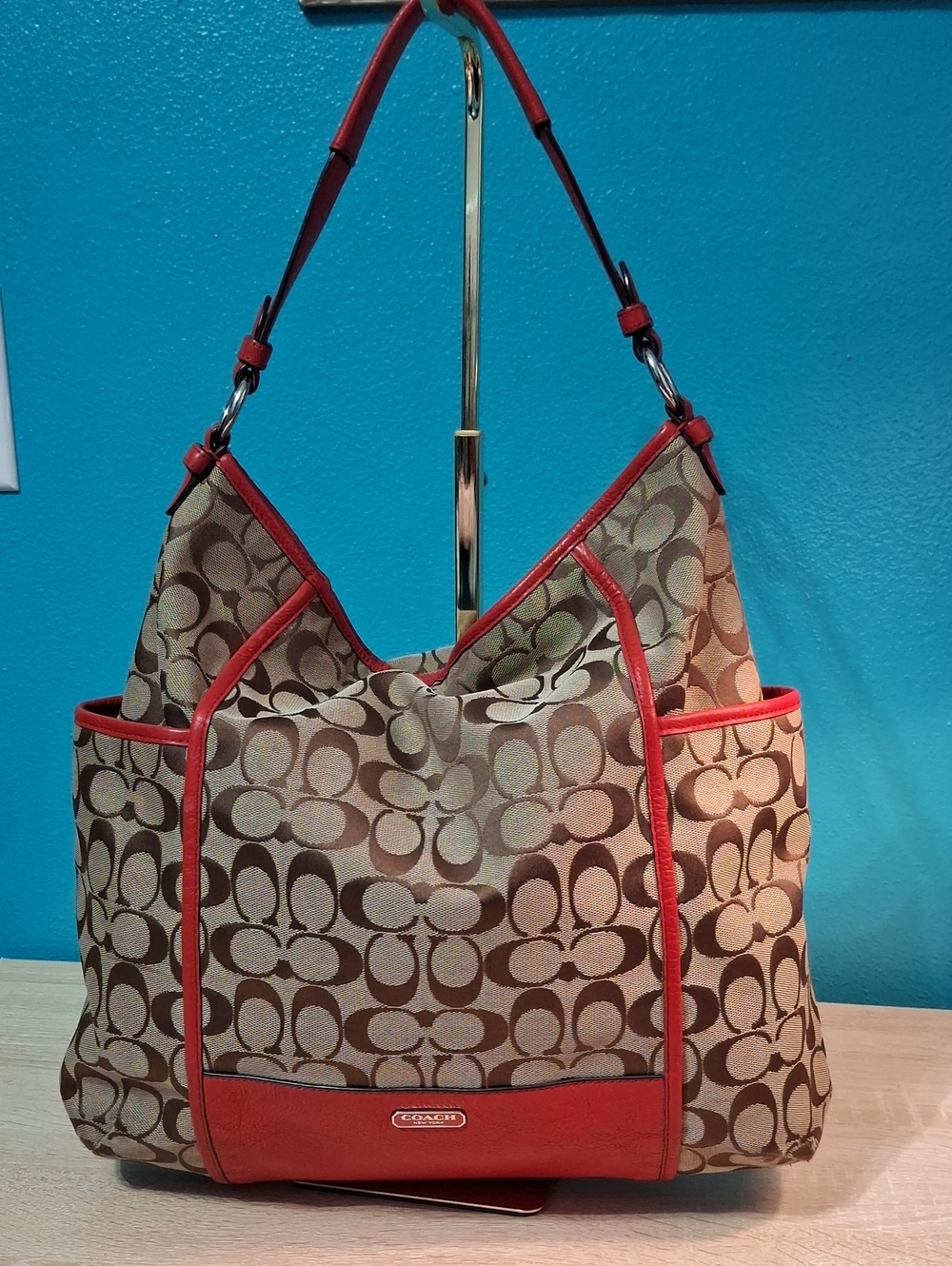 Coach Park Signature Canvas Shoulder Bag in Tan with Red Trim F30341